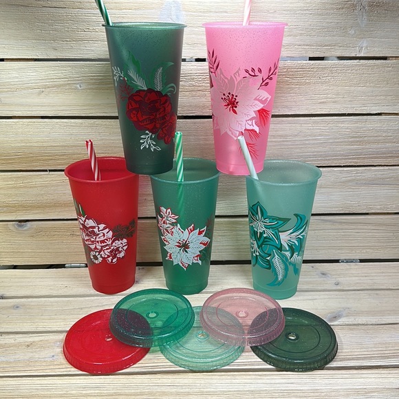 Starbucks 2022 Holiday Winter Reusable 24 oz. Cold Cups 5 pack w/ Straws - Picture 1 of 6
